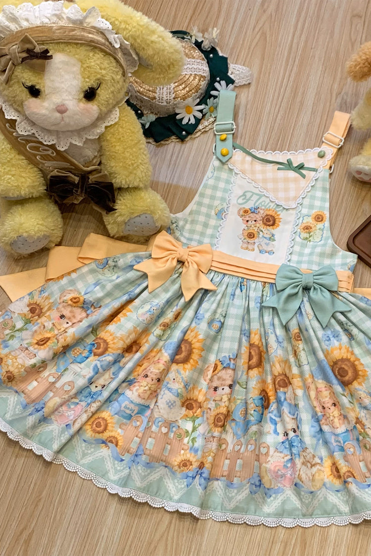 Kawaii Bears Sunflower Printed Multi-Color Bow Sweet Lolita Strap Dress - Miss Brown