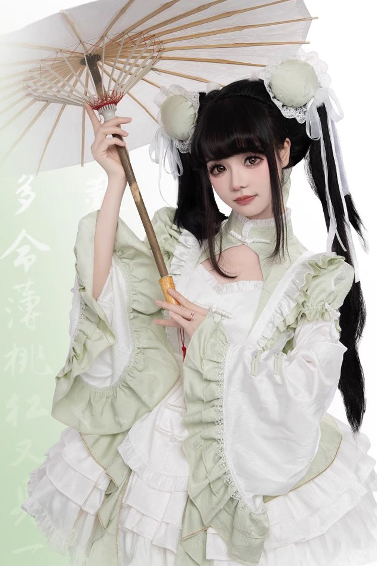 Emerald Trumpet-Sleeve Chinese-Style Lolita JSK Set with Bow and Lace