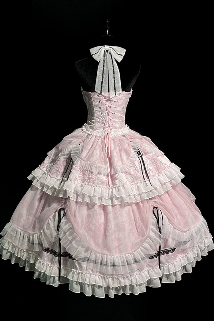 Pink Cross Halterneck Lace-Up Sweet Lolita Dress - Princess Ruffled Bowknot