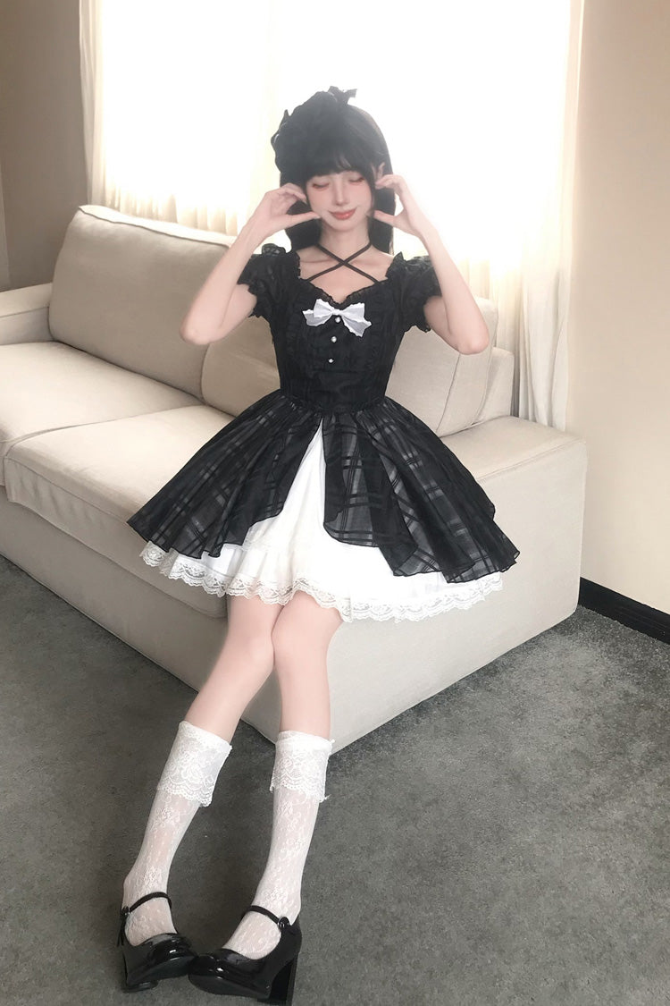 Black/White Square Collar Short Puff Sleeves Plaid Printed Ruffled Bow Lace Sweet Princess Lolita Dress