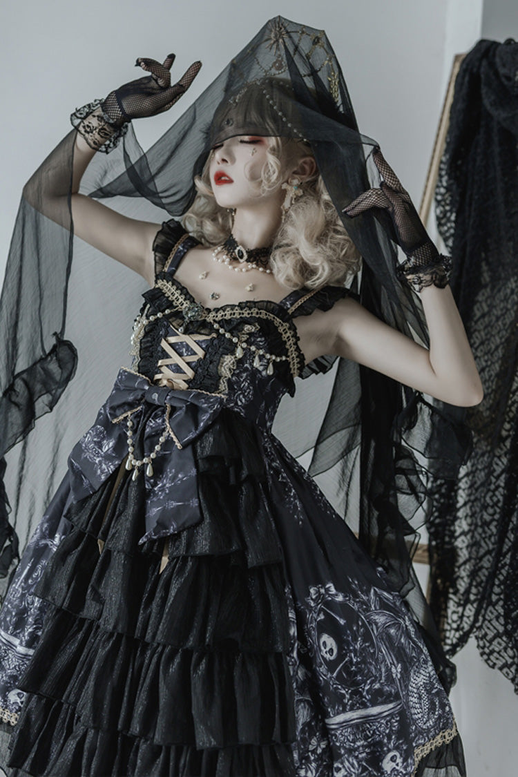 Gothic Lolita JSK Dress with Dragon Rider Print, Ruffles & Lace Bowknot