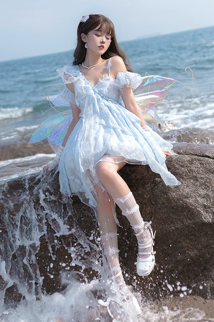 Blue Summer Bubbles Sleeveless Ruffle Embroidered Lace Irregular Short Jsk Dress