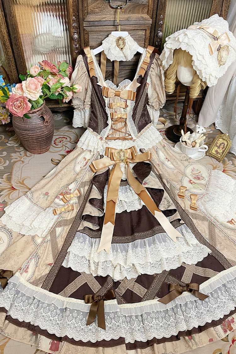 Baker Street Tea Party Short Sleeve High Waist Print Ruffle Embroidery Cardigan Bow Lace-Up Vintage Princess