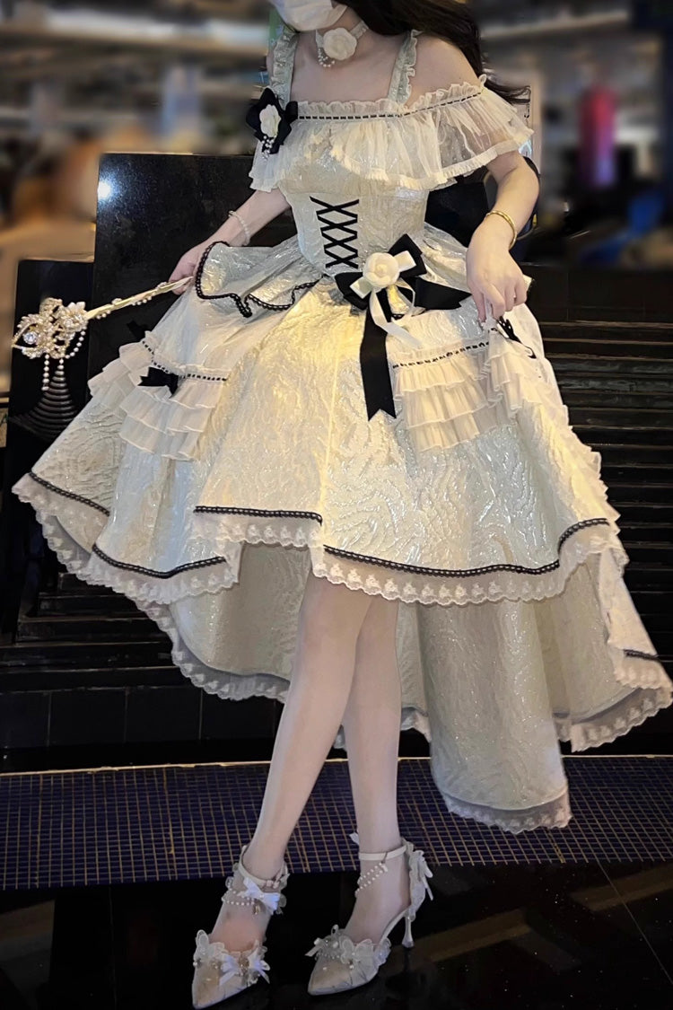Ivory and Black Elegant Princess Lolita JSK Dress with Ruffle and Bowknot