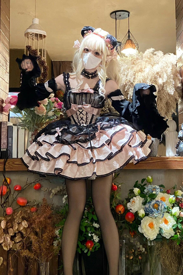 Black Pink Sleeveless Multi-Layer Ruffled Lace-Up Gothic Jsk Dress