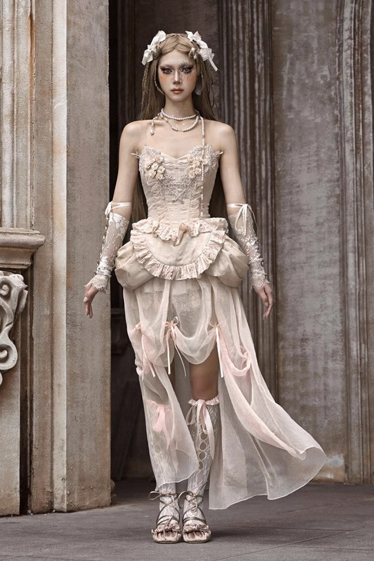 Gothic Apricot V-Collar Sleeveless High-Waist Ruffle Lace Corset Skirt Set