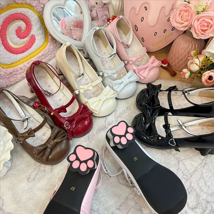Cat Paw Heel Bow Mary Jane Shoes - Round Toe, 7 Shades