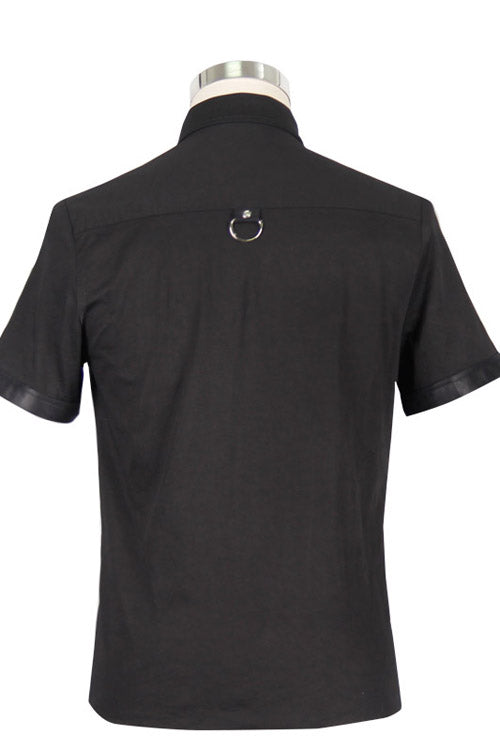 Midnight Cotton Blouse with Notch Collar and Short Sleeves