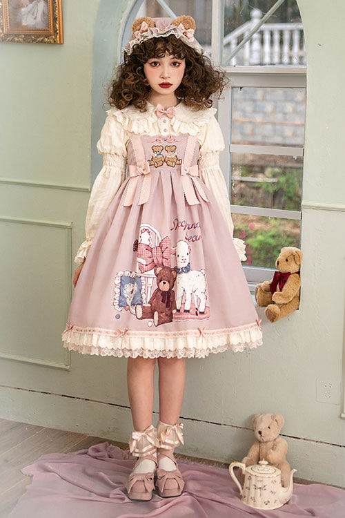 Pink Sheep & Bear Print Alice Girl Bow Ruffled Sweet Lolita JSK Dress - Altfashion Shop