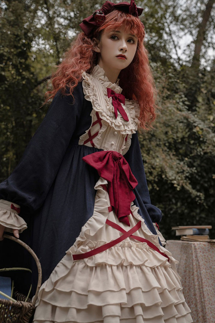 Sapphire Round Collar Long-Sleeve Multi-Tier Ruffled Sweet Lolita One-Piece