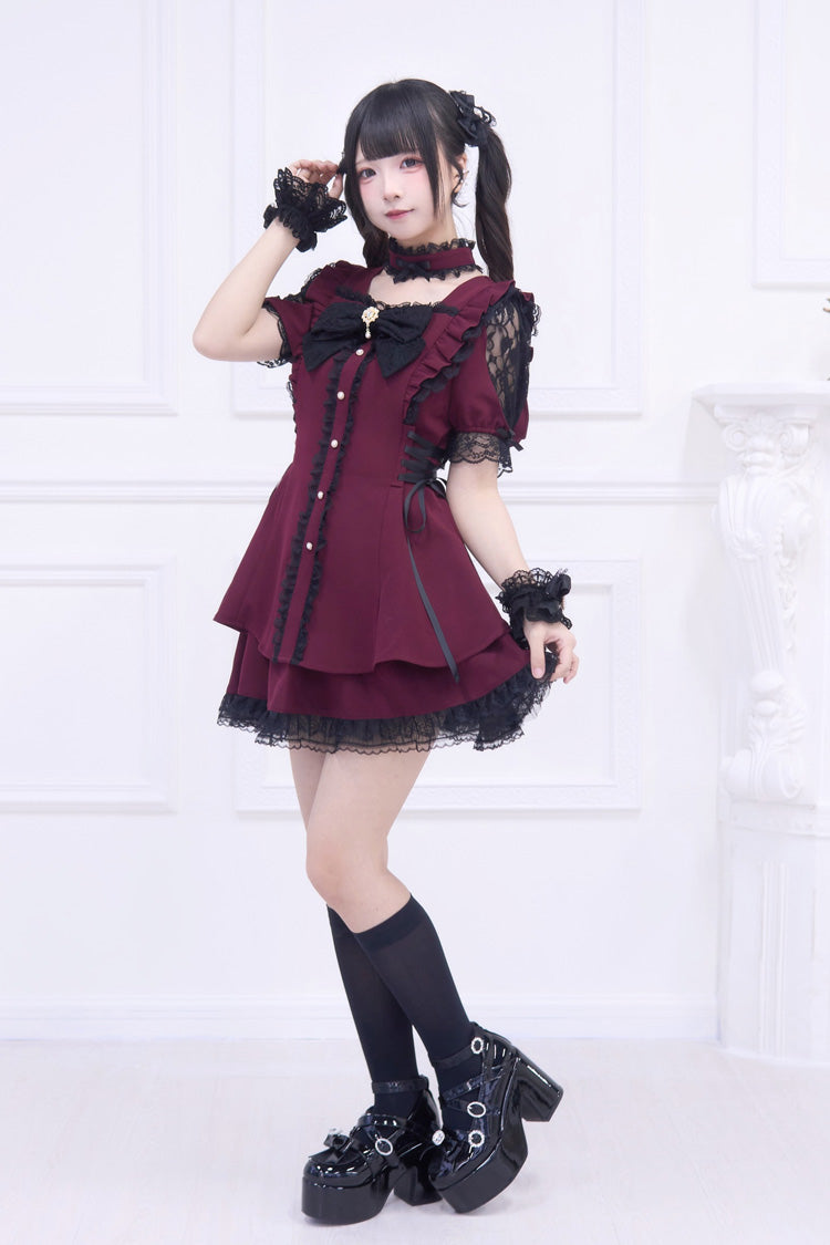 Crimson Waltz Ruffled Bow Gothic Jirai Dress Ensemble