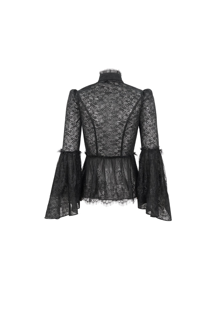Gothic Round-Neck Flared-Sleeve Black Lace Women's Elegant Blouse