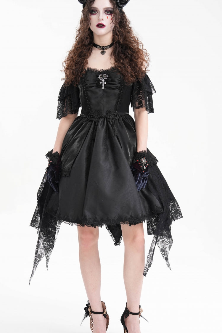 Delicate Black Lace Lace-Up Irregular Hem Halter Gothic Dress