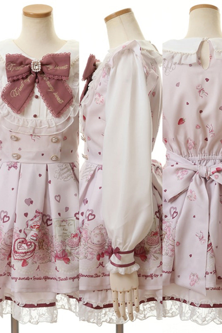 Afternoon Tea Print Ruffle Bowknot Lace Sweet Jirai Kei Plus Size Dress - 3 Colors
