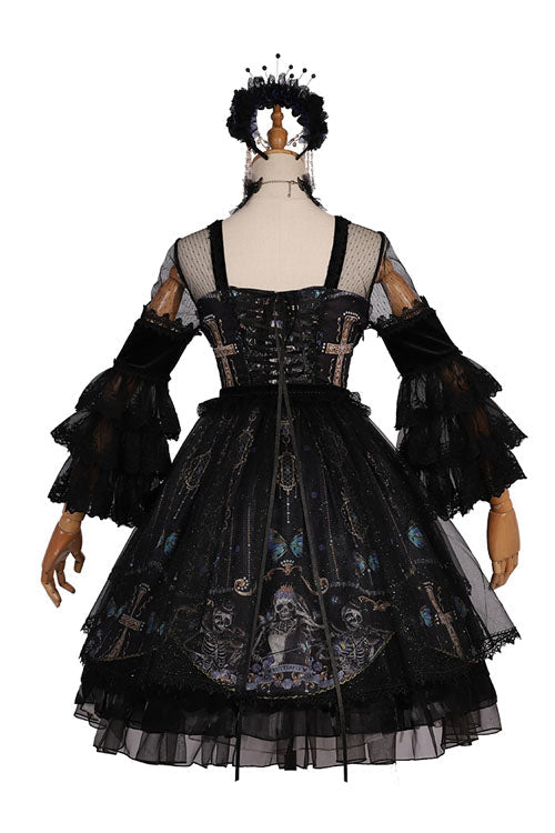 Black Skull Print OP Dress with Lantern Sleeves
