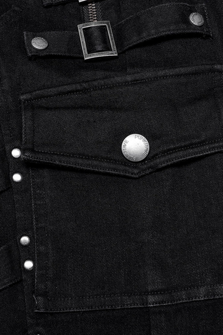 Women's Punk Buckle Jeans, Black with Pocket Detail