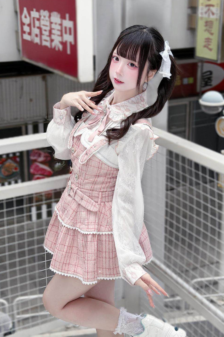 Pink Plaid Printed Pearl-Decorated Sweet Jirai Kei Japanese Strap Dress Set