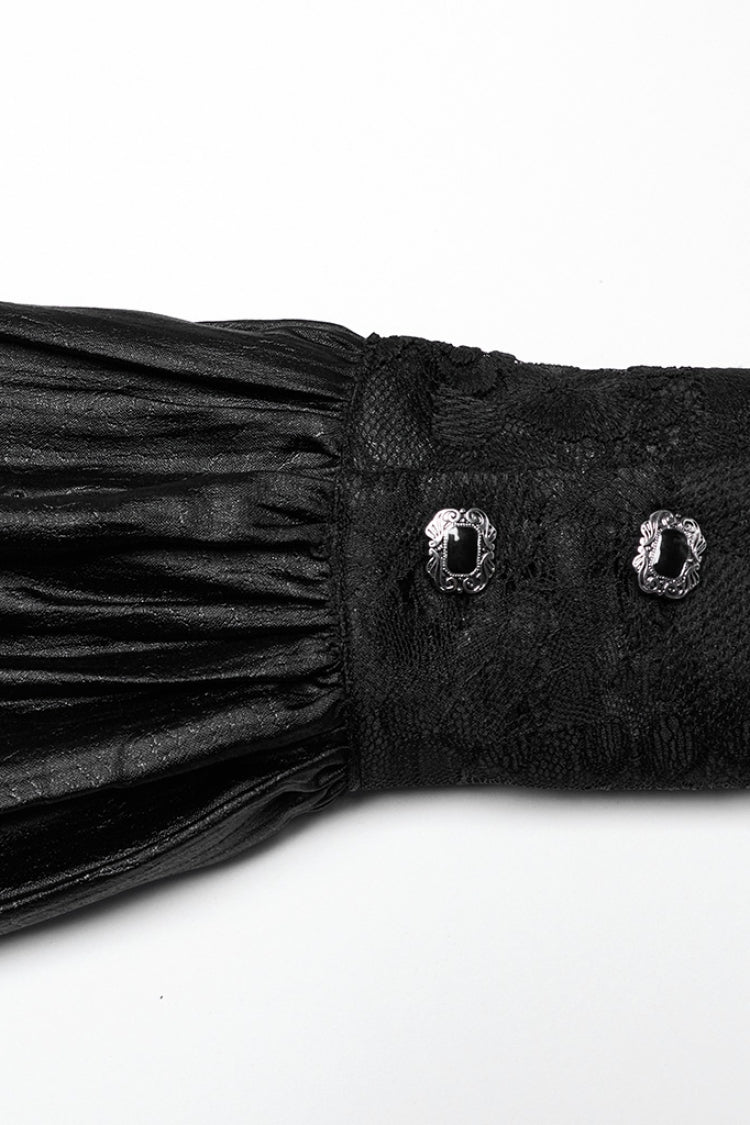 Jet-Black Gothic Shirt with Puffed Sleeves and Lace Panels for Men