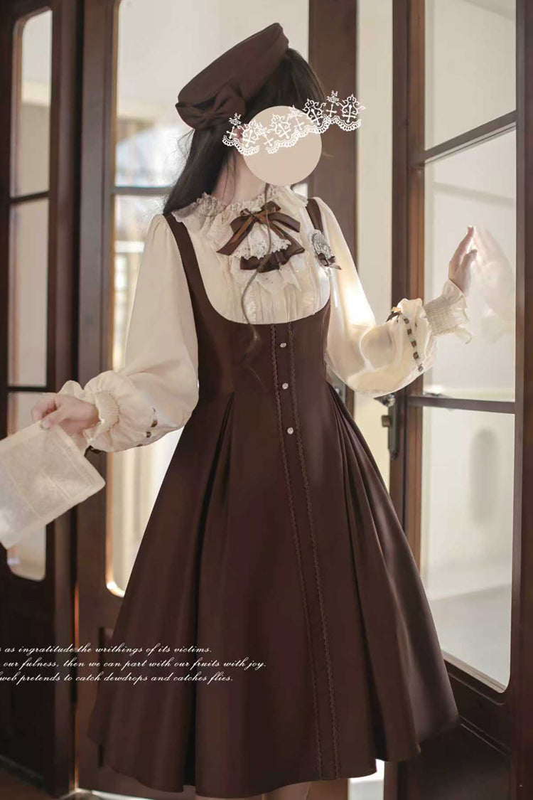 Fake Two Piece Vintage Ruffle Bowknot Lolita Dress Brown White