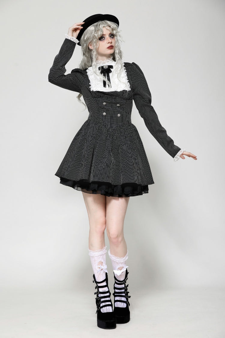 Black/White Striped Lace-Up Gothic Dress with Bow