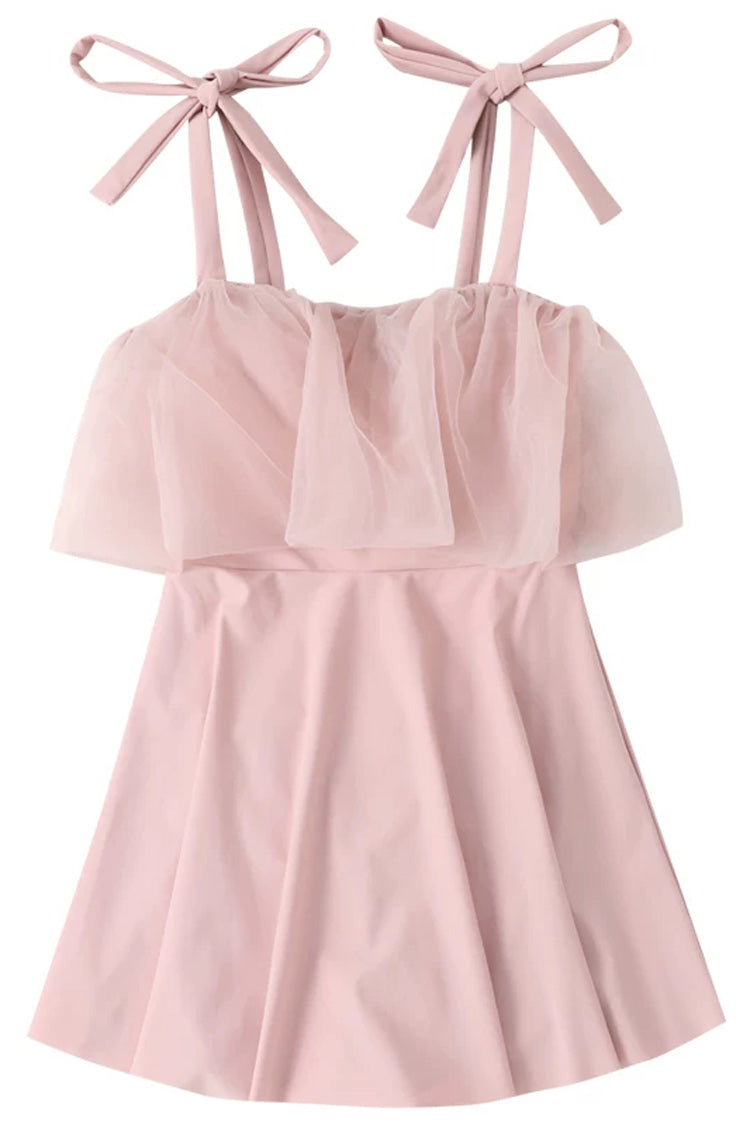 Pink Sleeveless Ruffled Lace-Up Japanese Sweet One-Piece Swimsuit