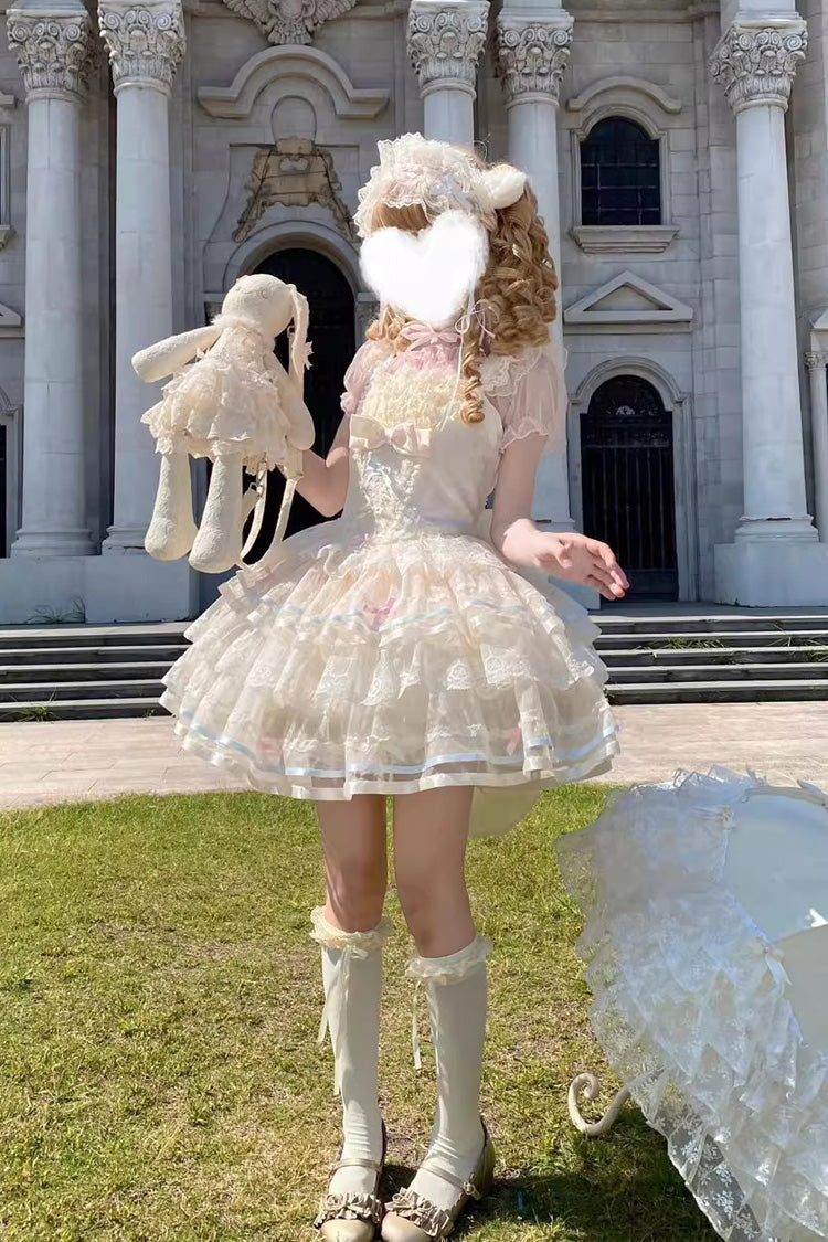 Ballet Apricot Triple-Layer Ruffle Bow Lace Sweet Lolita JSK Dress