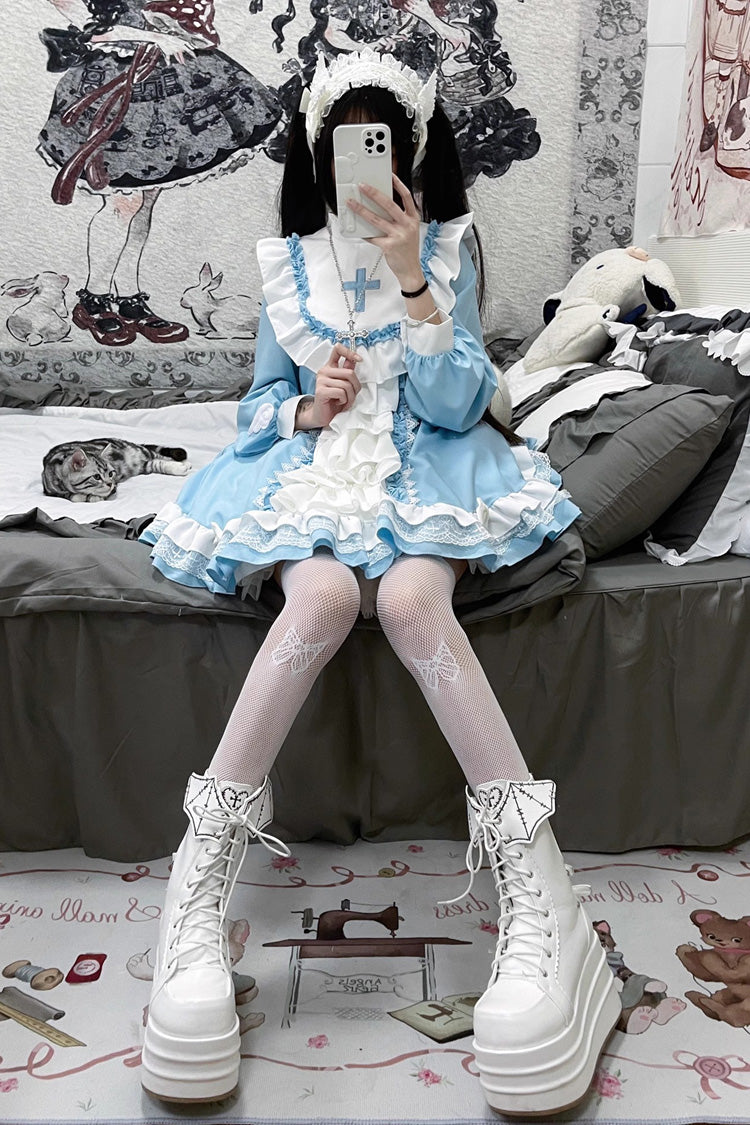 White/Blue Long Sleeves Cross Print Nun Style Ruffle Multi-Layer Sweet Lolita Dress