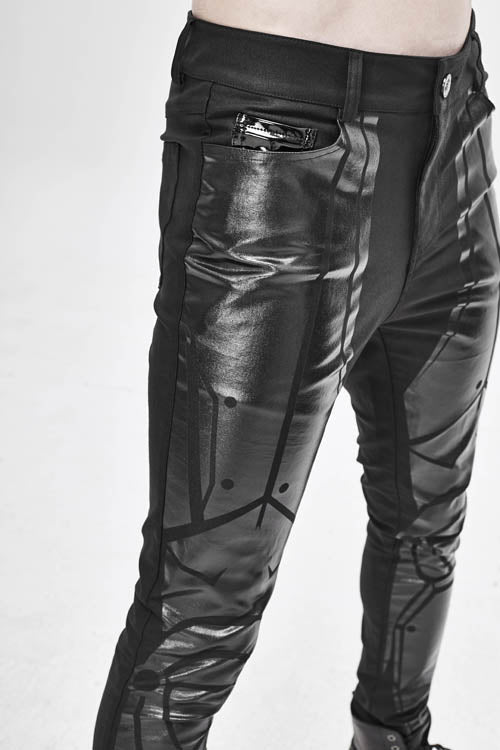 Glossy Robot Print Skinny Stretch Pants in Black
