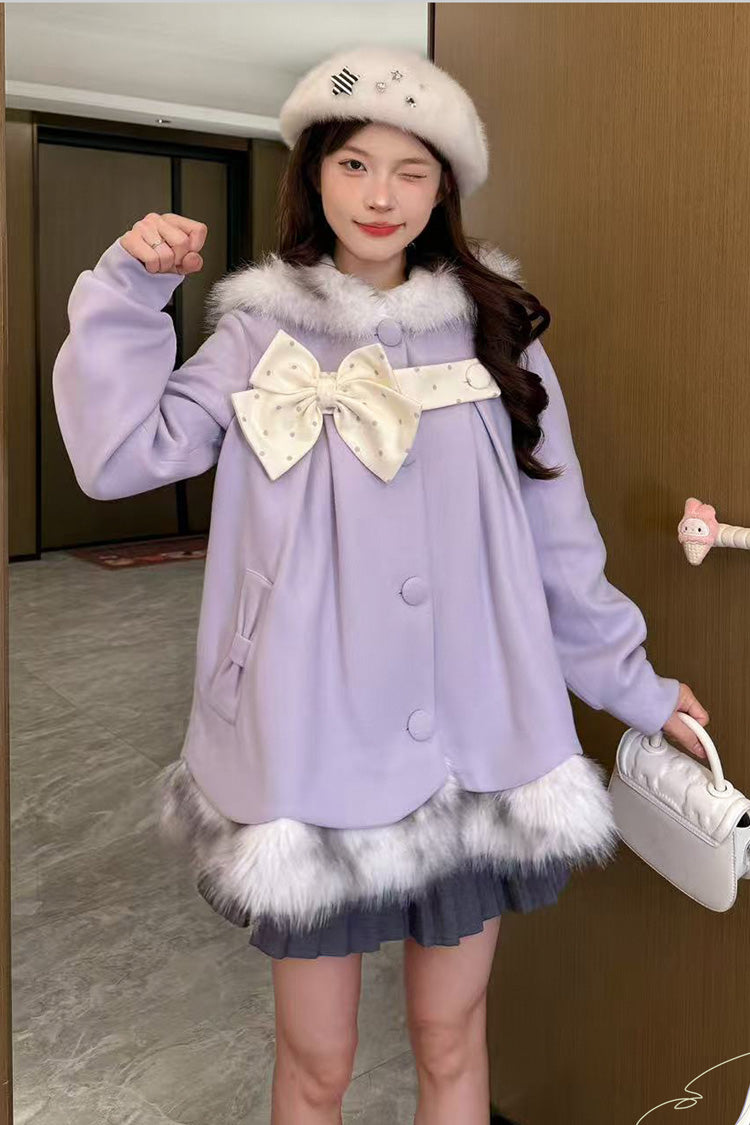 Amethyst Long-Sleeve Fur-Trim Polka-Dot Hooded Coat