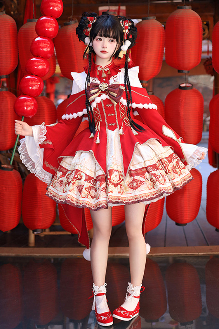 New Year Red Print Ruffle Bowknot Lace-Up Sweet Chinese Style JSK Dress