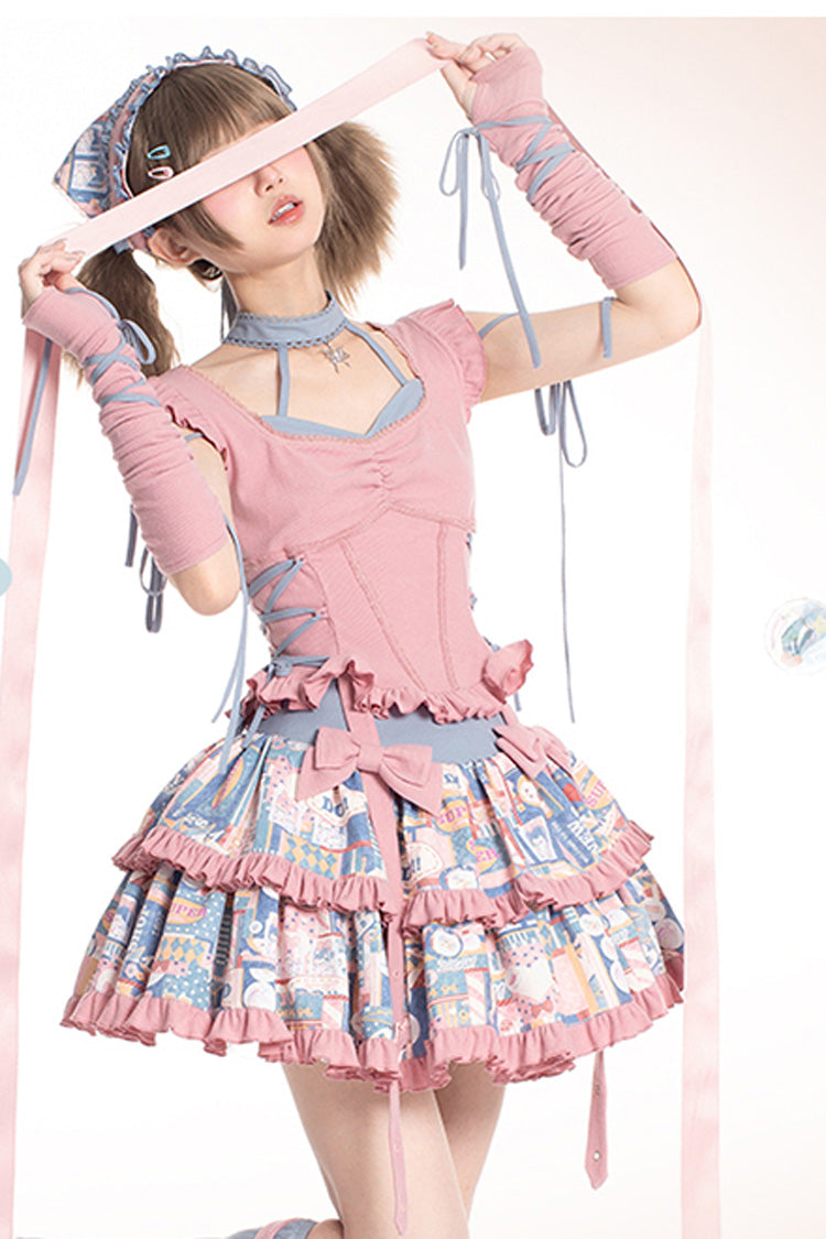 Pink Ruffle Bowknot Skirt Set with Pop Print