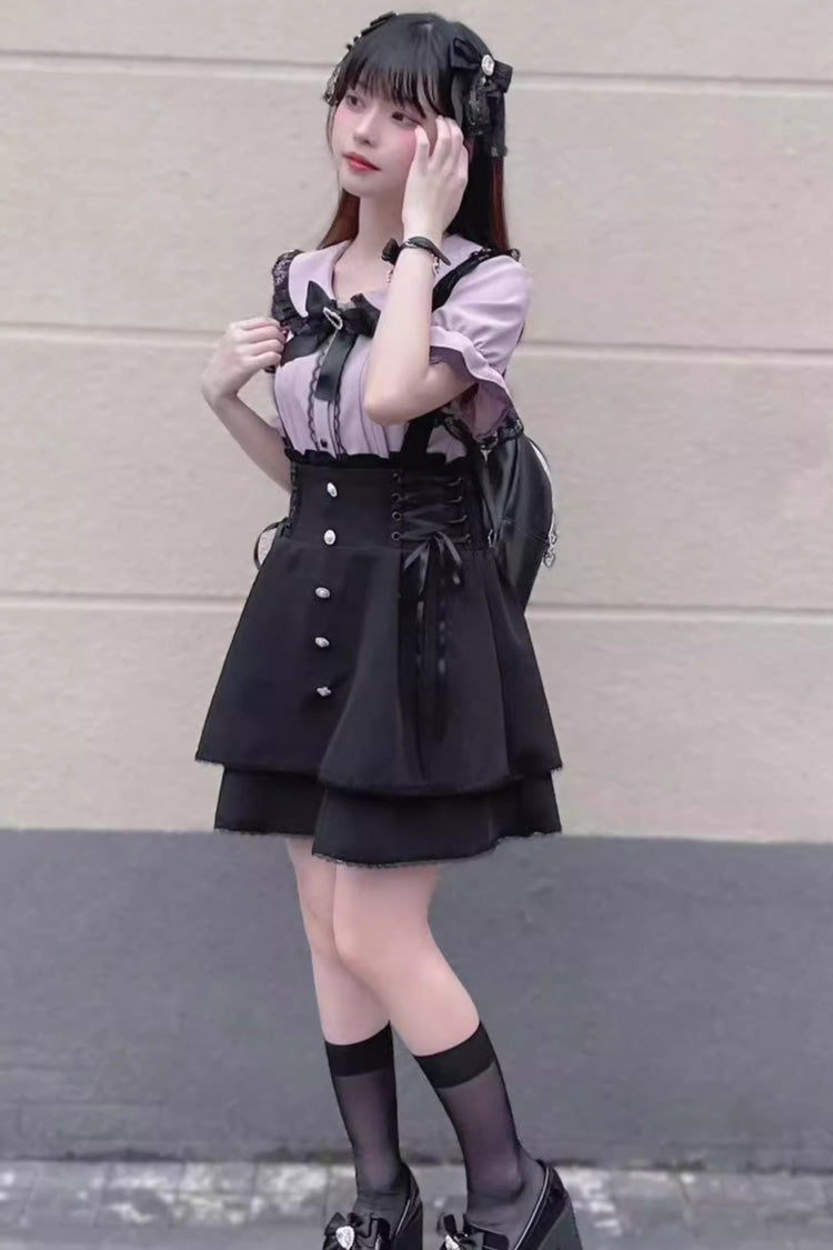 High Waist Bowknot Lace Lace-Up Sweet Lolita Jirai Skirt in Two Tones