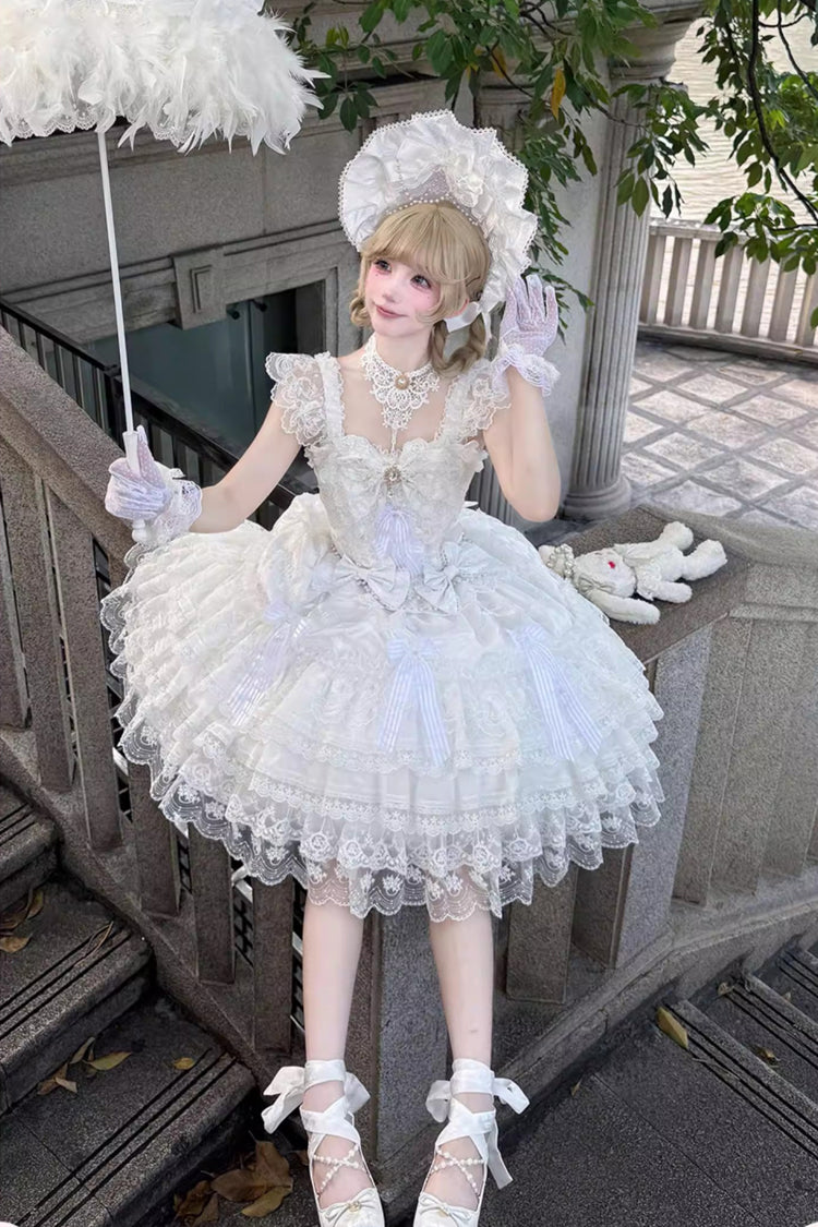 Ivory Moonlit Sakura Ode Sleeveless Tiered Ruffle Bow Lace Lolita Dress