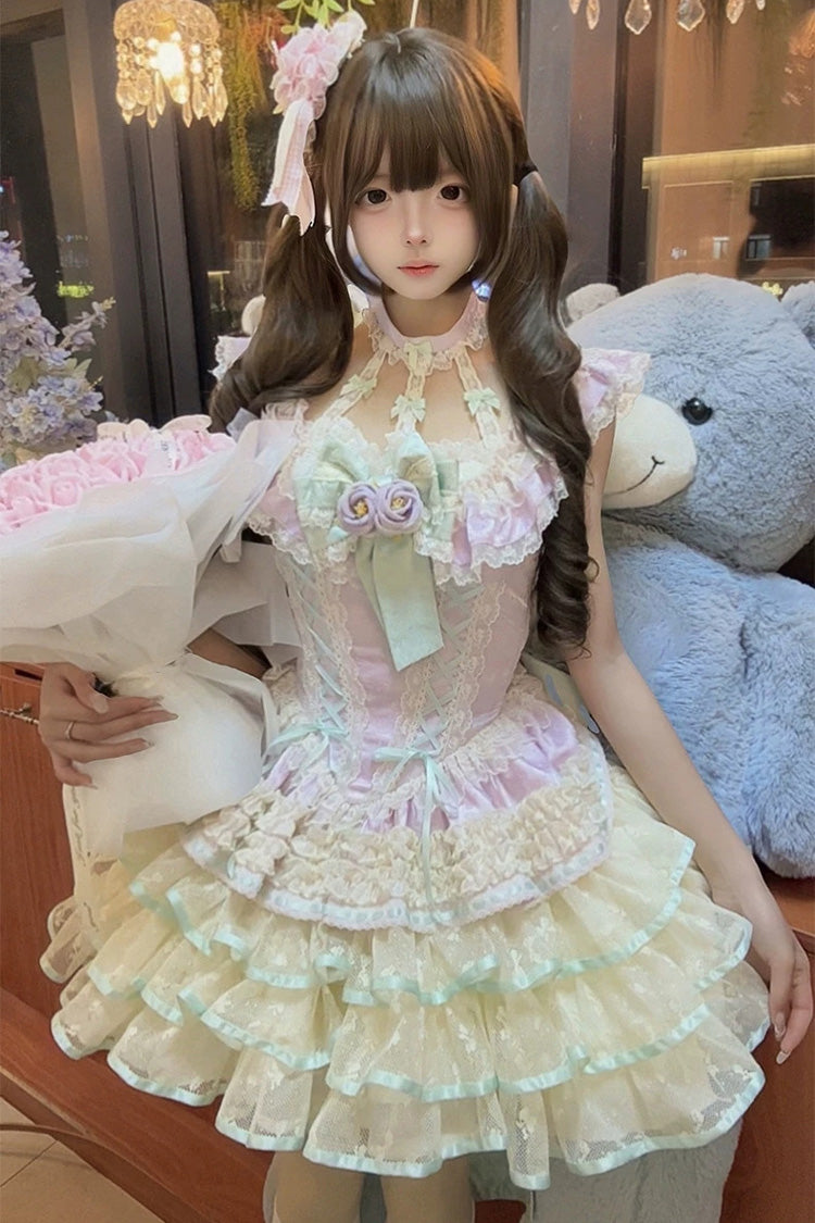 Flower Language of Eros Violet Halterneck Ruffle Bowknot Rose Lace-Up Ballet Lolita JSK - Flower Language of Eros