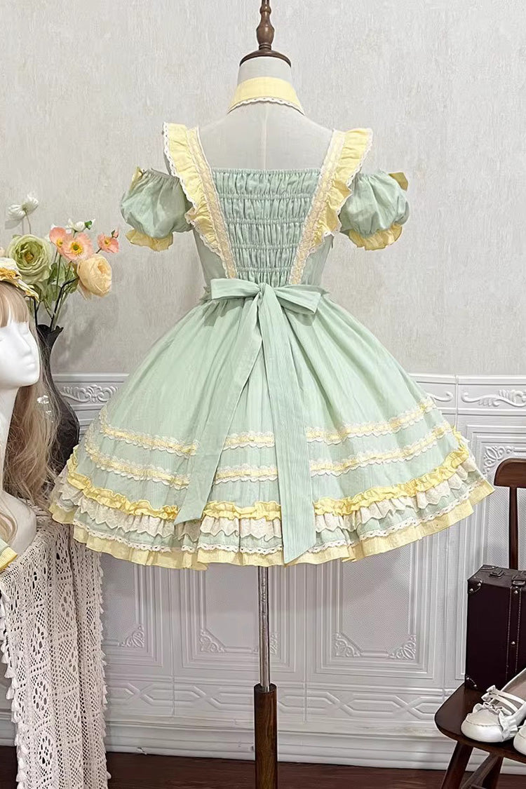 Green Tulip Print Short-Sleeve Ruffle Bow Sweet Lolita Dress