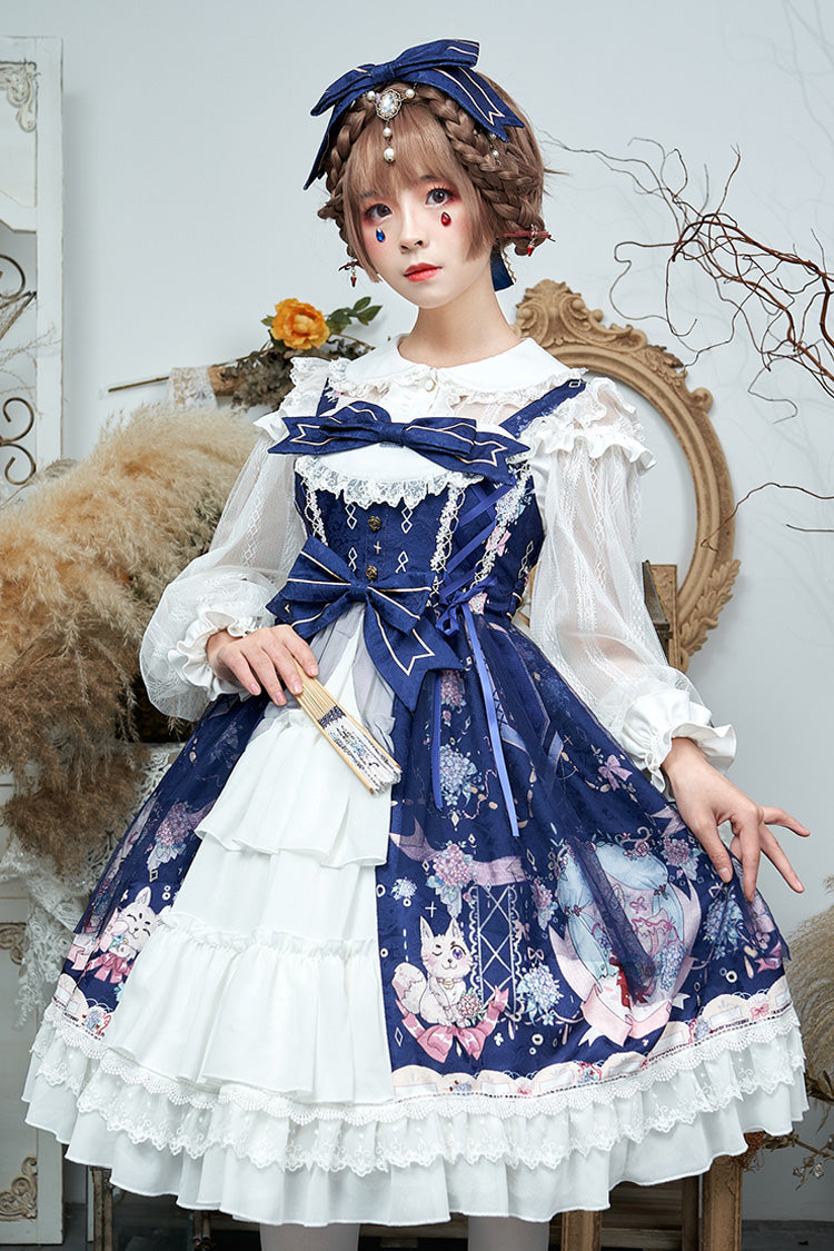 Sweet Lolita JSK Dress with Hydrangea Print, Ruffles and Bowknot - Altfashion Shop