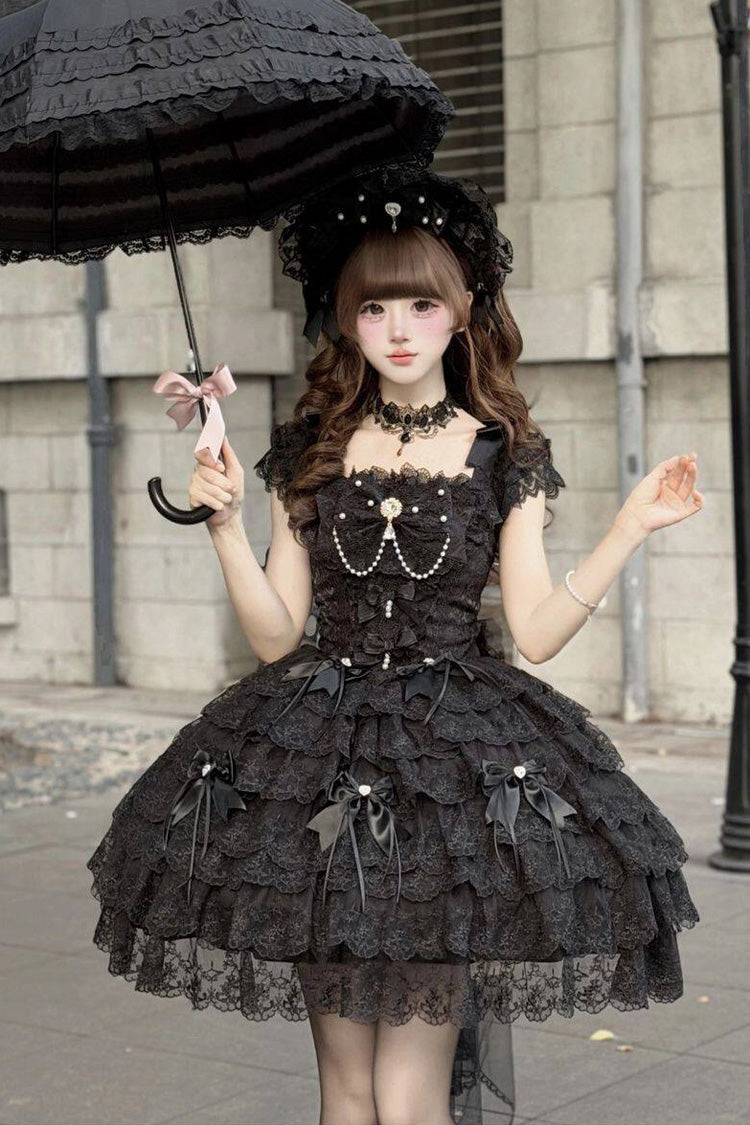 Black Square Neck Sleeveless Multi-Layered Bow Lace Pearl Gothic JSK - Featherlight Slumber