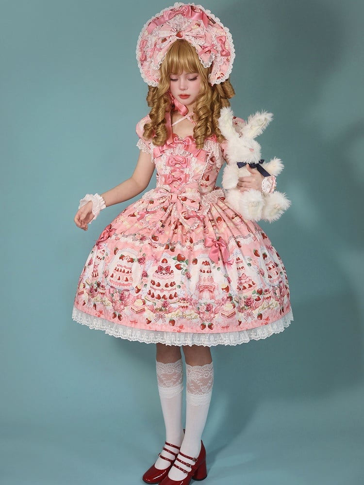 Bow Print Cake Set Sweet Strawberry / Pink Accents Full Lolita Dress