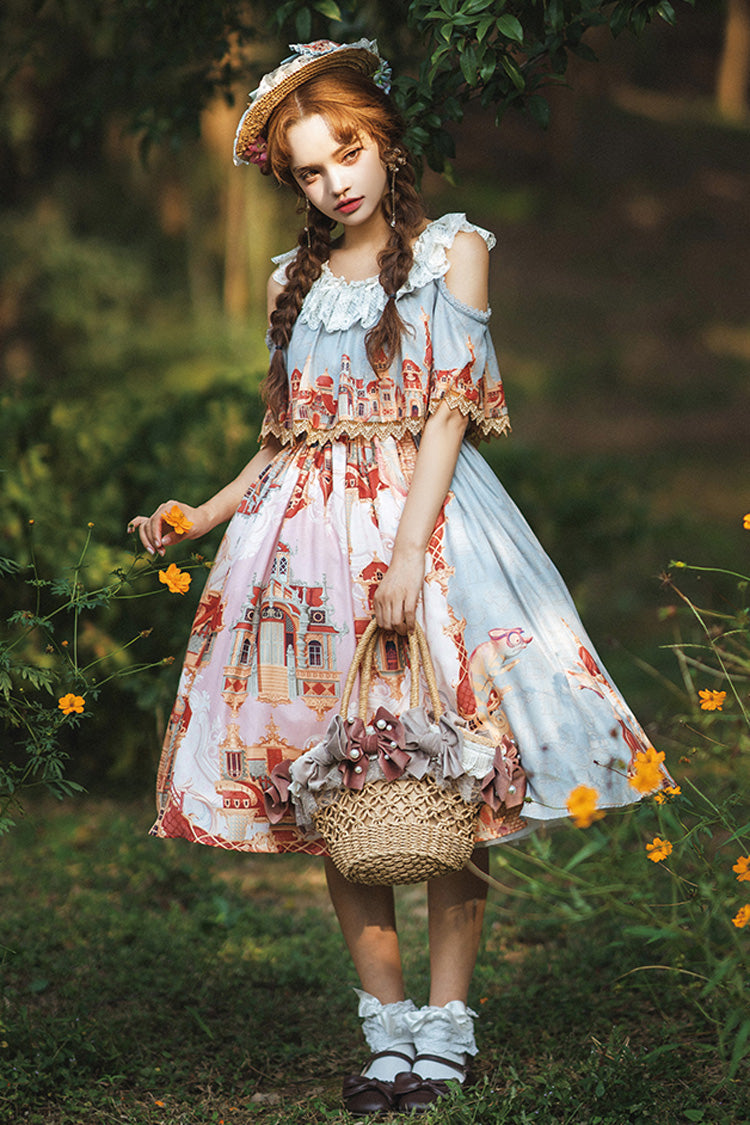 Multi-Color Oil Painting Printed Sweet Lolita Dress - Off Shoulder Short Sleeved