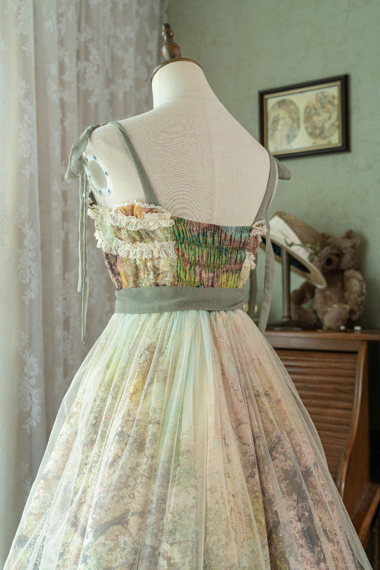 Green Oil Painting Spring Sleeveless Print Ruffle Bow Lace Sweet Jsk Dress