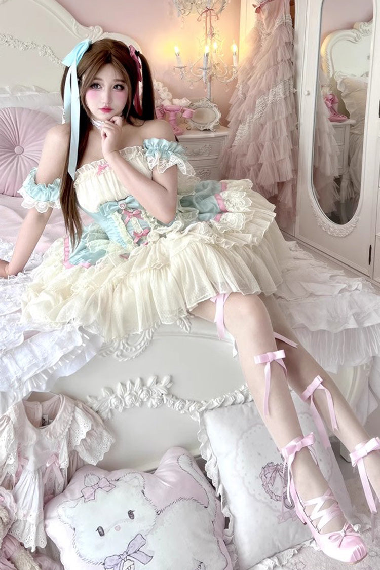 Cerulean and Ivory Triple Ruffled Bow Lace Ballet Sweet Lolita Dress - Girly Scent Edition