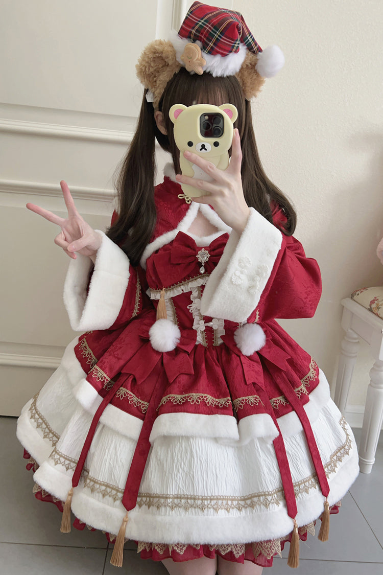 Sweet Two-Piece Dress with Ruffle Sleeves in Red