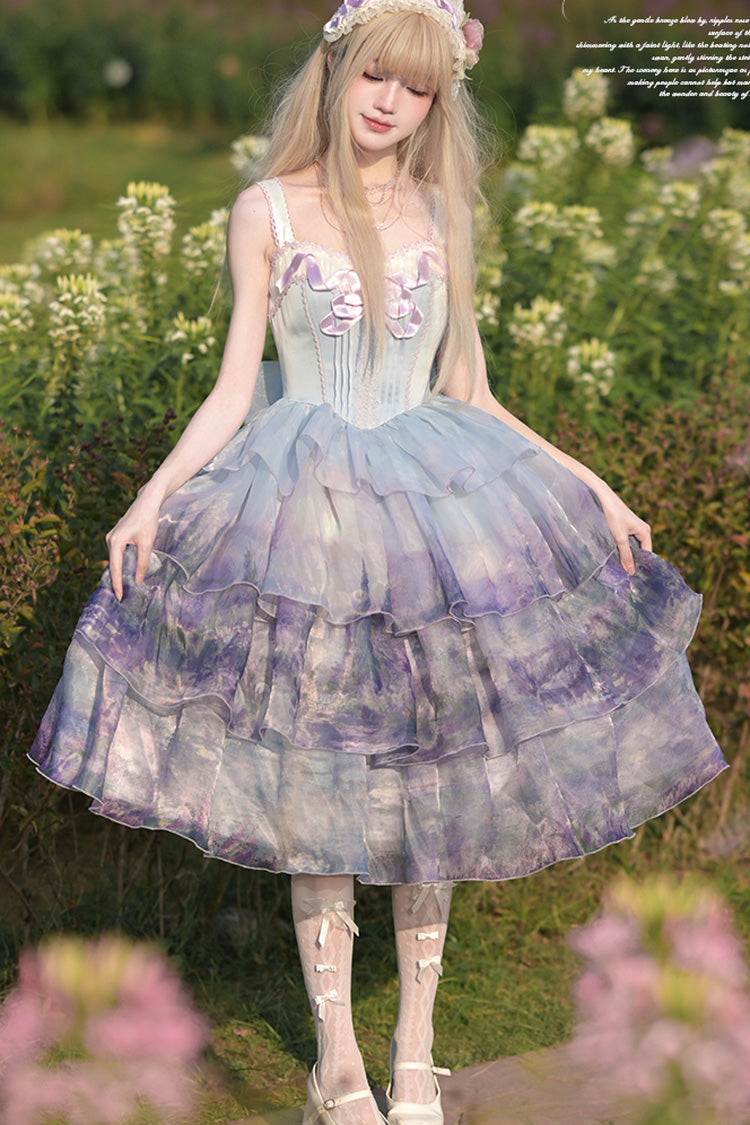 Multi-Color Swan Lake Printed Oil Painting Sweet Lolita JSK Dress - Three-Layer