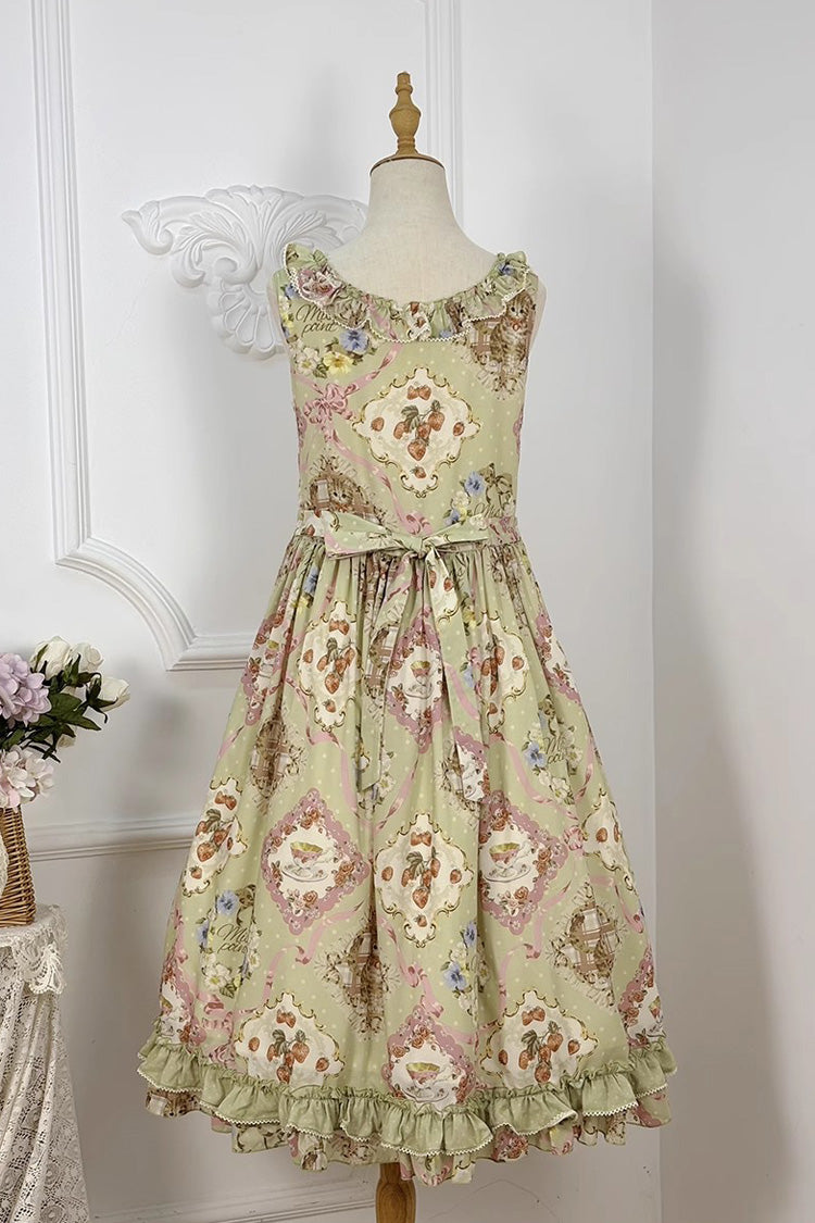 Green Sleeveless Print Ruffle Bowknot Sweet JSK Dress
