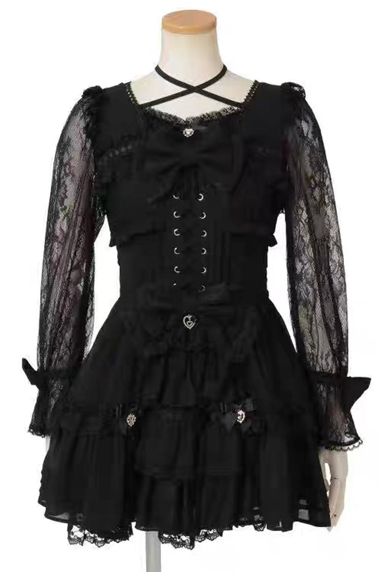 Sweet Square Collar Long Sleeve Lace Ruffle Bow Lace-Up Plus Size Dress