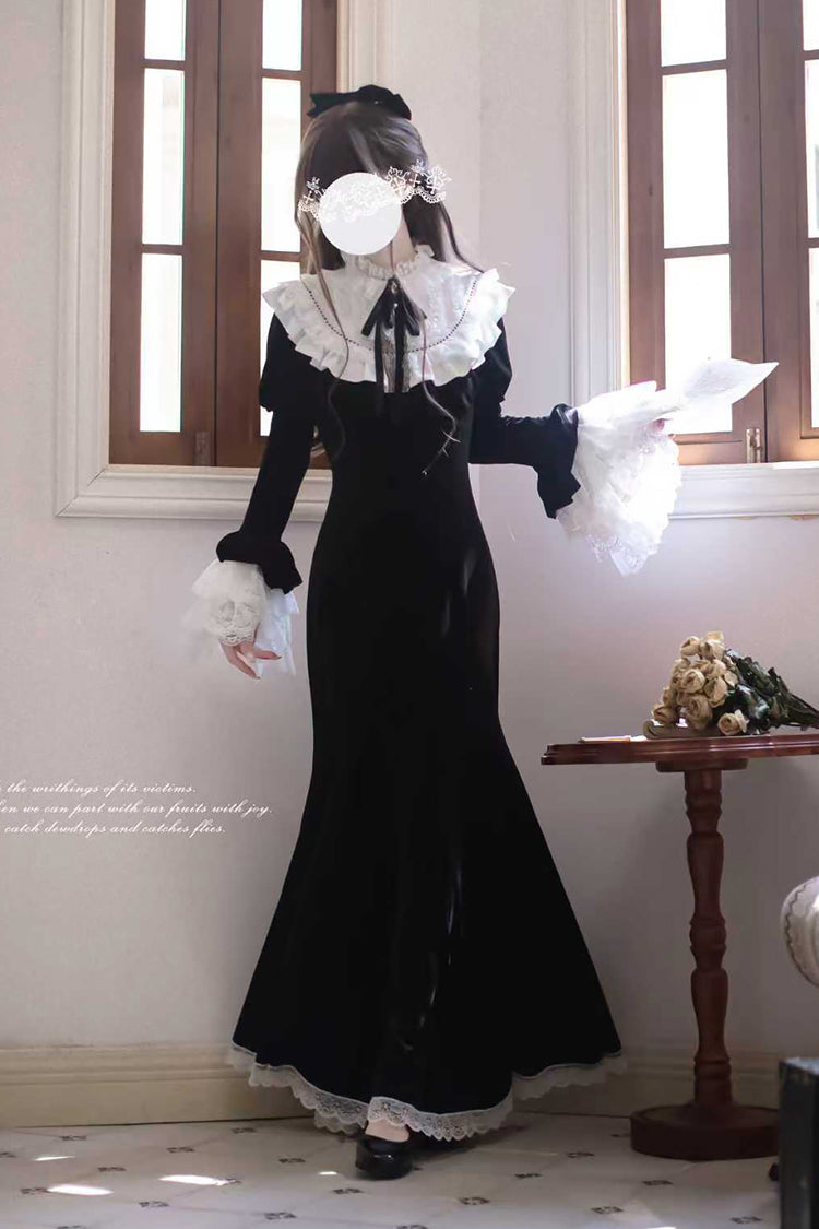 Velvet Hime Sleeve Ruffle Bowknot Gothic Lolita Fishtail Dress Black