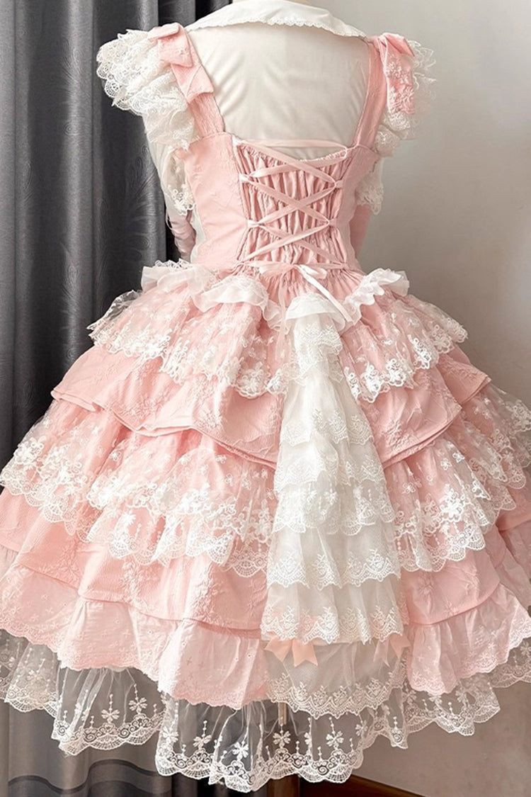Sleeveless Multi-Layered Ruffle Embroidery Bowknot Lace Pearl Lolita Jsk Pink