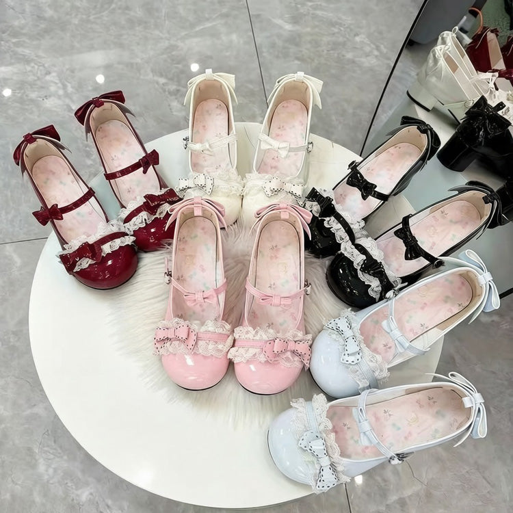 Cat Paw Mid Heel Mary Janes - Lace Bow, 6 Shades