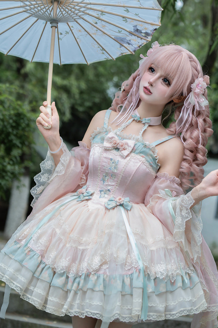 Chinese Inspired Lolita Dress with Off Shoulder and Embroidery - Misty Qingdai, 2 Shades