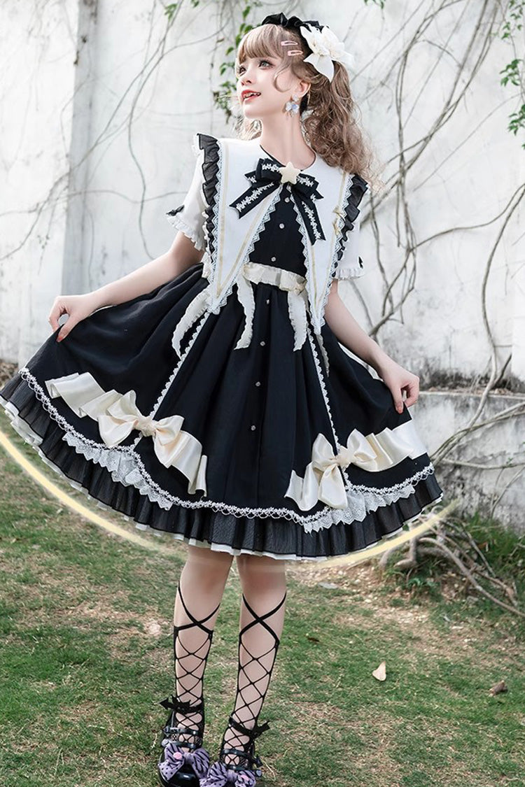 Black Sweet Lolita Dress Short Sleeved Bowknot Lace Stitched Ruffled - Sleeping Star